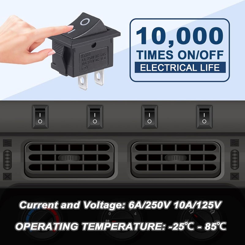 VEXUNGA Mini Rocker Switch On Off 2 Pin 2 Position 10A 125V AC 6A 250V Black Boat Rocker Toggle Switch KCD1 SPST Snap-in Square Switches for Car Marine Home Appliances (Pack of 10pcs) - Image 3
